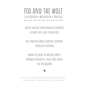 Puede incluir: Fondo blanco con el texto "FOX AND THE WOLF" en la parte superior. Debajo, dice "ILLUSTRATION &bull; WATERCOLOR &bull; PAPETERIE". El texto adicional incluye "MEINE MOTIVE UND PRODUKTE ENTWERFE ICH MIT VIEL LIEBE ZUM DETAIL".