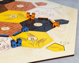 Settlers Game Custom Wood Board, Pieces & Box