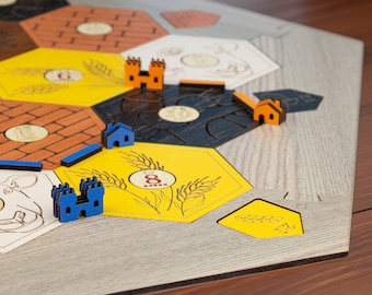 Settlers Game Custom Wood Board, Pieces & Box