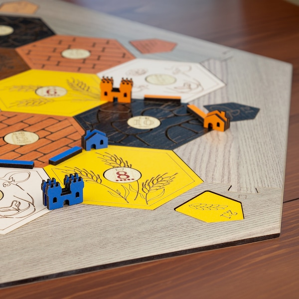 Settlers Game Custom Wood Board, Pieces & Box