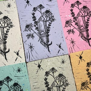 Camomilla al timo cristallino | mini stampa linoleografica su carta fatta a mano | stregonesco | mistico | decorazione | erbe | regalo | strega