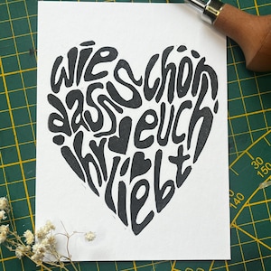 Eenvoudige kaart | linosnede | huwelijk | genderneutraal | met de hand gedrukt | cliché-vrij | Vreemde liefde | kaart met hart
