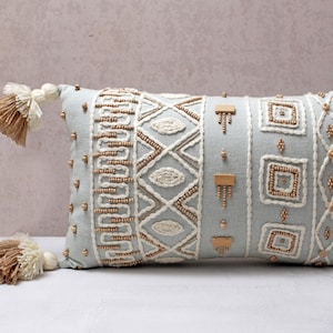 Light Blue Cotton Embroidered Bohemian, Bali Style Pillow cover, Decorative Handmade Throw Pillow Cover, Embroidered Pillow Cover WLCC018