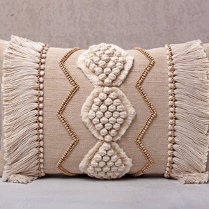 Cream Cotton Jute Macrame Bohemian, Bali Style Pillow cover, Decorative Handmade Throw Pillow Cover, Embroidered Pillow Cover WLCC030