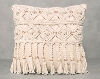 Off White Macrame Pillow Cover, Handmade Cotton Boho Cushion, Textured Sofa Decor