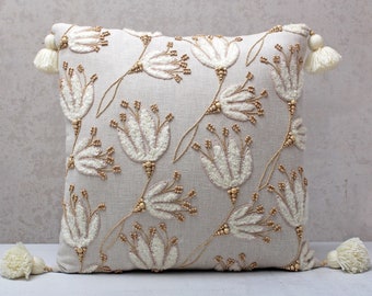 Linen Colour Cotton Embroidered Bohemian, Bali Style Pillow cover, Decorative Handmade Throw Pillow Cover, Embroidered Pillow Cover WLCC020