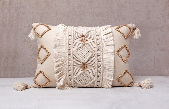 Off-white Cotton Macrame Bohemian Decorative Handmade Throw Pillow Cover Embroidered Pillow Cover WLCC044 Bali Style Pillow cover