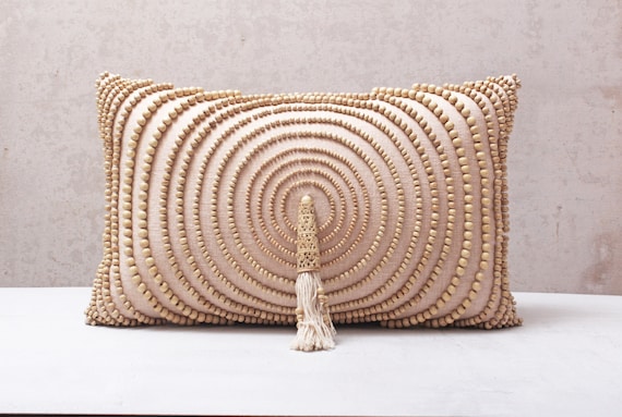 Light Peach Embroidered Lumbar Pillow Cover, Boho Cushion Cover with Beads & Tassels, Handmade Cotton