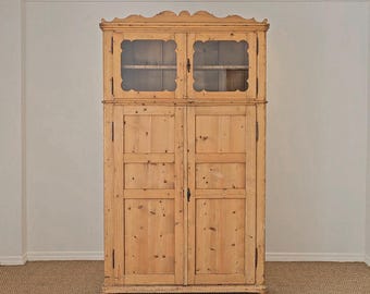 Antique Pine Hutch with Glass Doors and Scalloped Trim