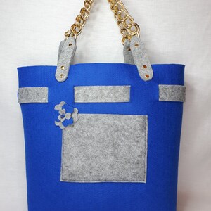 FILZ-TASCHE, Goldkettenriementasche, zeitgenössische blaue und graue Filz-Einkaufstasche mit akzentuierten Ledertaschen für jeden Anlass