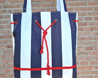 Nautical Navy Blue and White Striped Tote Bag with Pockets – Coastal Beach Bag – Handmade Lined Shoulder Bag – Nautical Gift for Her