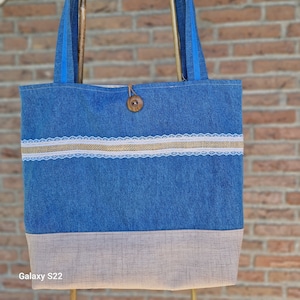 Denim Berlap Einkaufstasche, gefütterte Einkaufstasche mit Innentaschen und langen Riemen für Komfort