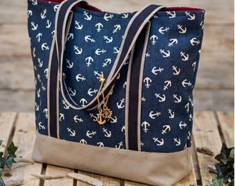 Tragetasche aus Canvas mit nautischem Ankermotiv, handgefertigte marineblaue Strandtasche mit Innentasche, robuste, extragroße Einkaufstasche von J Fox Tote Bags