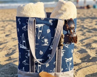 Sailboat Tote Bag: Handmade Nautical Canvas Shopper with Anchor Charm