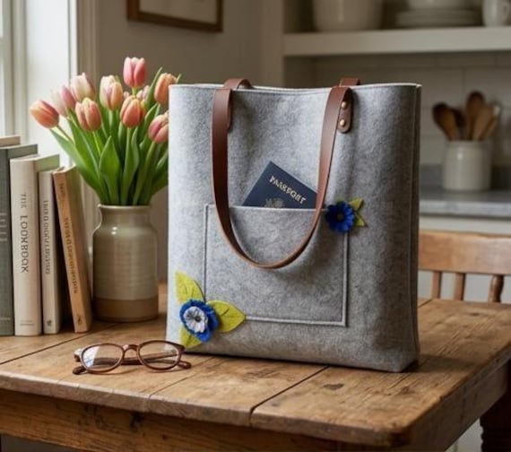 Handmade Wool Felt Tote Bag with Leather Handles & Key Clasp, Heavy Duty Grey Shopper Bag with Pockets, Custom Gift for Her | J. Fox Totes