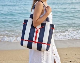 Nautical Navy Blue and White Striped Tote Bag with Pockets – Coastal Beach Bag – Handmade Lined Shoulder Bag – Nautical Gift for Her