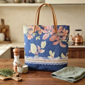 Denim draagtas met bloemen en leren handvatten, handgemaakte gevoerde denim Market-draagtas met zakken, grote laptopschoudertas, eco-boodschappentas