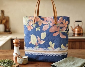 Denim Floral Tote Bag with Leather Handles, Handmade Lined Denim Market Tote with Pockets, Large Laptop Shoulder Bag, Eco Grocery Bag