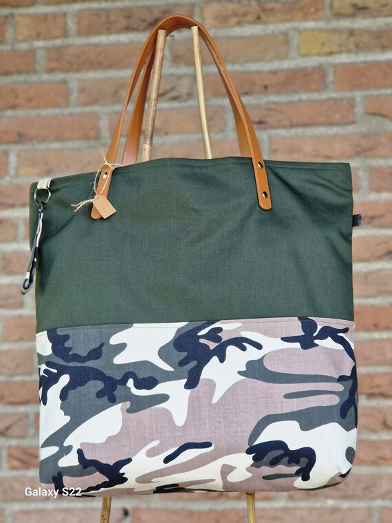 Camo Print Backpack Tote with Leather Handles Camouflage Tote for Whiskey or Wine Bottles – Tom Beckbe main image 2