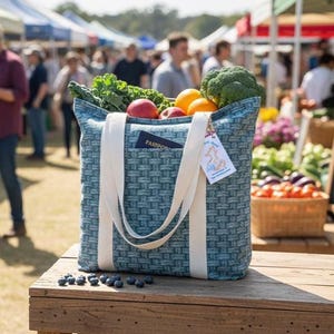 Torba typu tote w kolorze turkusowym, z plecionym koszykiem, z długimi bawełnianymi uchwytami, z kieszeniami i pasującym brelokiem