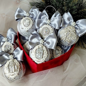 Christmas baubles Xmas decorations Velvet baubles Silver Grey ornaments Christmas rhinestone ornament Tree decor set Xmas ornament Xmas gift