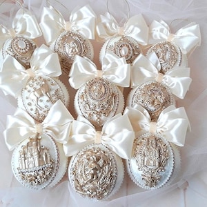 Christmas baubles Christmas ornaments Xmas decorations Velvet baubles  Rhinestone ornament Tree decor set Handmade balls Ivory Gold baubles