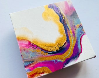 Rainbow colours acrylic painting on canvas.Dutch pour 15x15cm