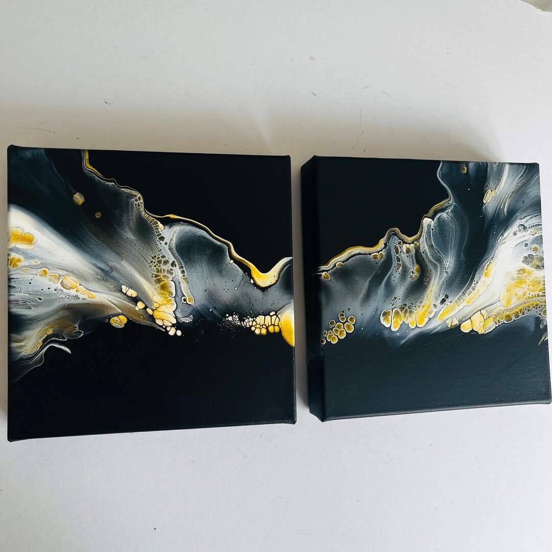 Navy and Gold Dutch Pour Painting Set: 2 Canvas Fluid Art (20x20cm) - Etsy
