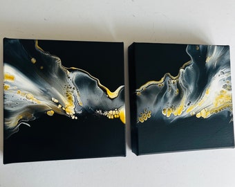 Marine und Gold Acryl Gemälde, Set von 2 Kunstwerken. Dutch Pour, beide 20x20cm .Fluid art,giessen Malerei auf Leinwand