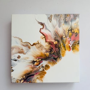 Abstract Acrylic Pour Painting: Neutral Gold & Pink, 20x20cm
