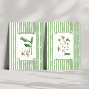 2 Striped Floral Art Prints, Digital Grandmillennial Nancy Meyers Inspired Botanical Print, Green Stripe Print, Grandmillennial Room Decor