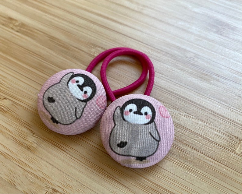 Cute Lil Penguin Fabric Covered Button Hair tie bobble-medium