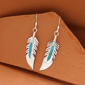 Sterling Silver Southwestern Native Inspired Feather Drop Earrings with Gemstone Inlay