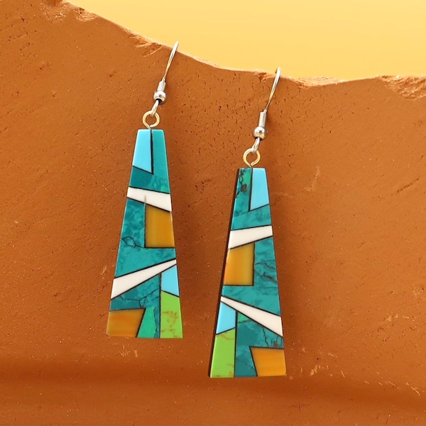 Multi Stone Mosaic Shell Southwest Style Dangle Earrings with Triangular Inlay