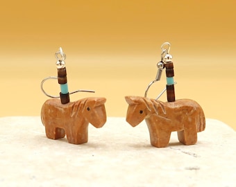 Southwestern Style Hand Carved Stone Horse Fetish Dangling Earrings with Hypoallergenic Hooks