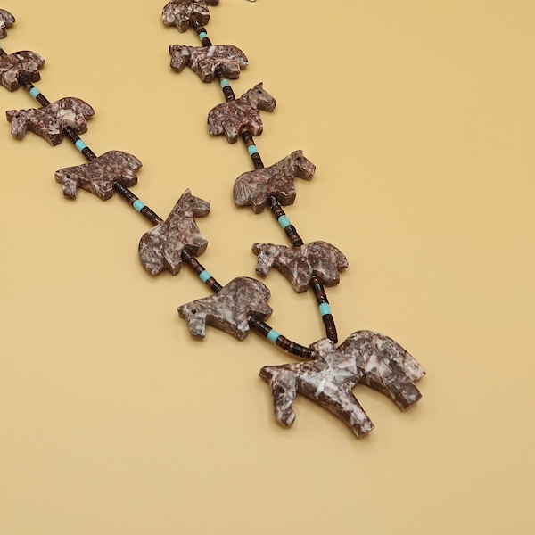 Purple Serpentine Natural Stone Horse Fetish Necklace with Hand Carved Animals