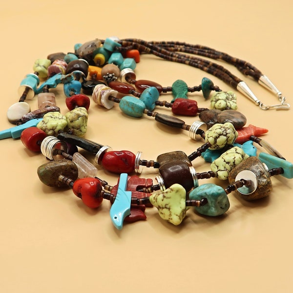 Southwestern Style Treasure Necklace with Animal Fetishes - Stone, Shell, Coral, Multi Stranded