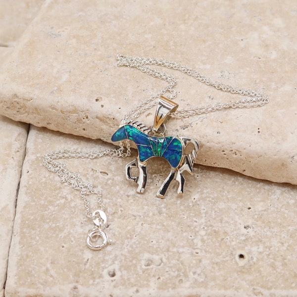 Southwestern Horse Pendants Handcrafted in Sterling Silver with Gemstone Inlay and 18 inch Italian Trace Chain