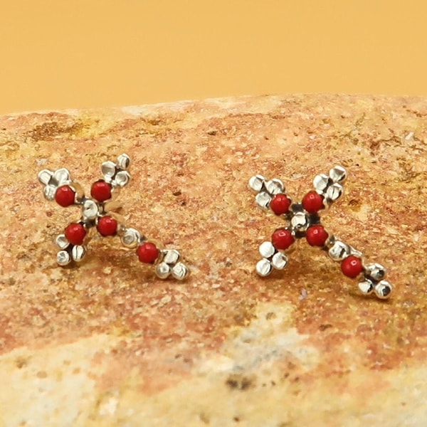 Southwestern Style Cross Earrings, Statement Earrings, 925 Sterling Silver with Stone, Shell and Coral Inlay Options