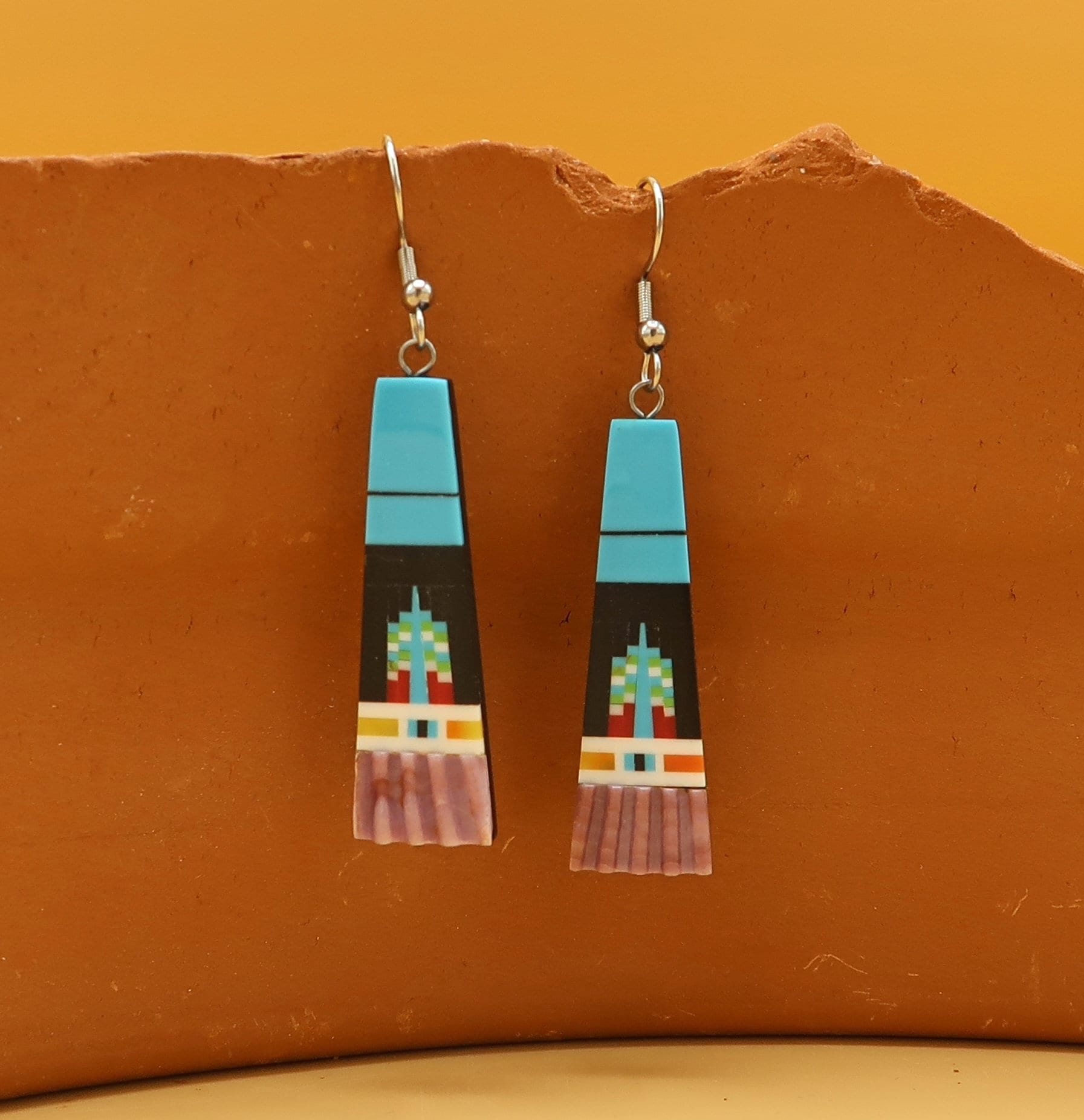Multi Stone Mosaic Shell Southwest Style Dangle Earrings with Triangular Inlay