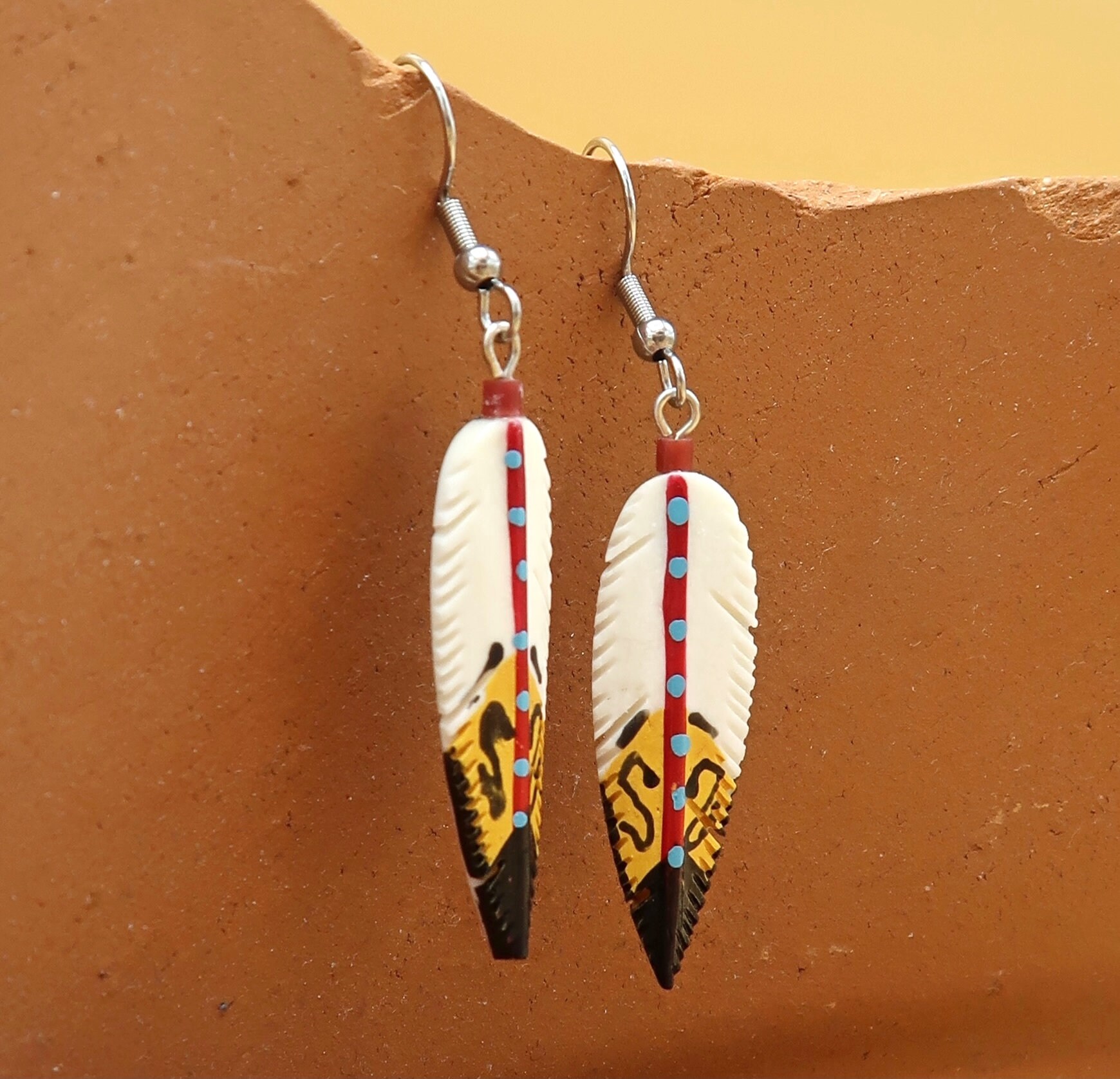 Bone Feather Earrings Hand Carved and Painted Southwestern Etsy Australia