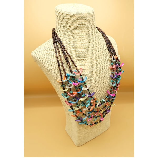 Rainbow Dyed Mother of Pearl Birds and Heishi Multi Strand Layered Southwestern Necklace