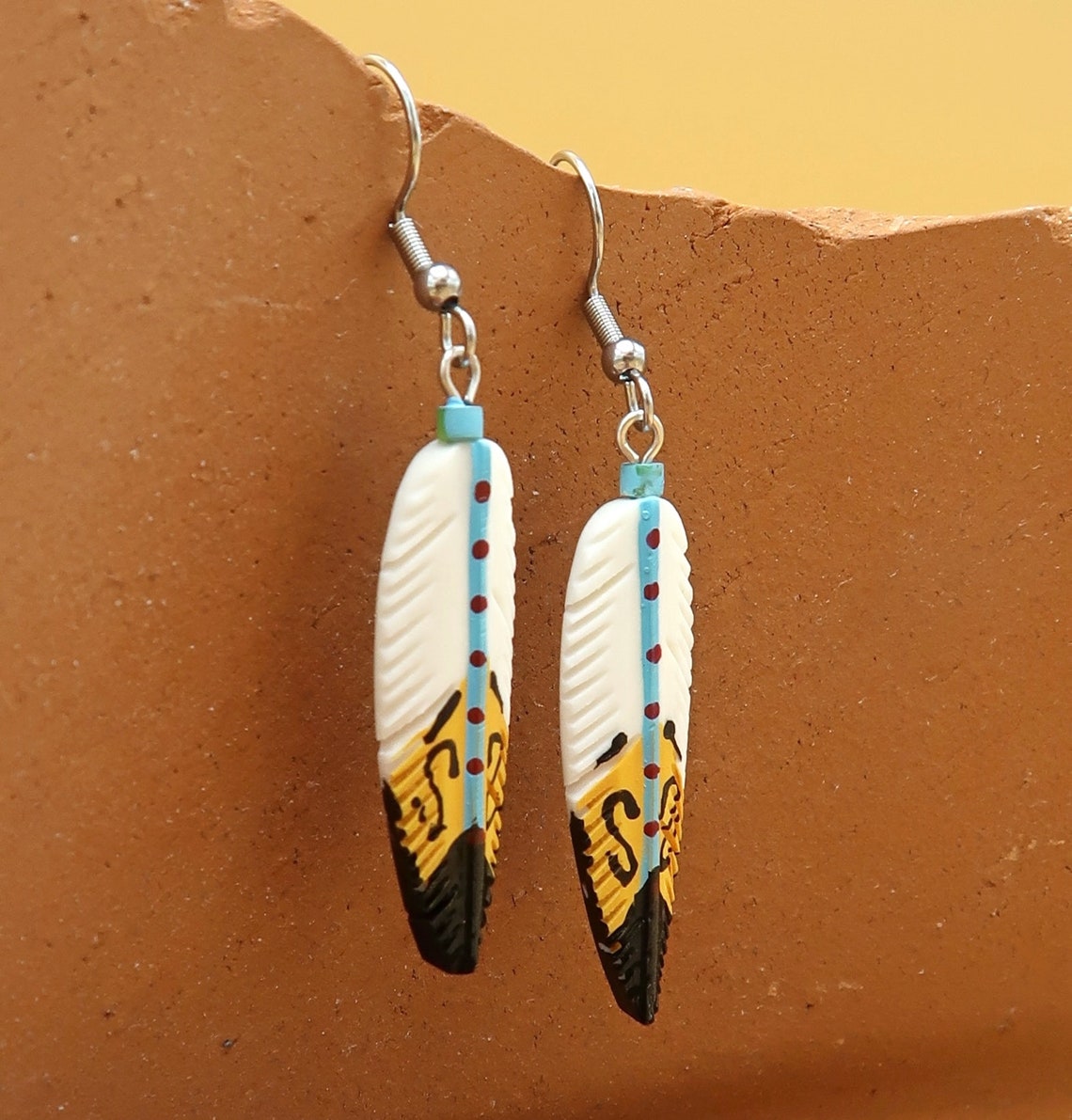Bone Feather Earrings Hand Carved and Painted Southwestern Etsy