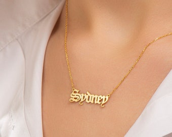 Gothic Name Necklace: Personalized Old English Sterling Silver Jewelry, Custom 18K Gold Plated Name Pendant, Letter Necklace Gift for Her