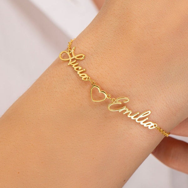 Bracelet prénom personnalisé, bracelets en argent pour femme, bracelet deux prénoms avec cœur, bracelet prénom pour enfant, cadeau de Noël