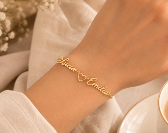18k goud gepersonaliseerde hartarmband met twee namen: aangepaste sterlingzilveren sieraden, dubbele naam cadeau voor haar, handgemaakt verjaardagscadeau