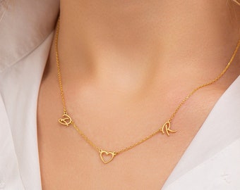 14k Solid Gold Initial Necklace: Personalized Letter & Heart Charm