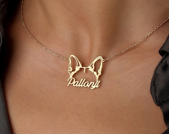 Personalized Dog Breed Ears Necklace: Custom Pet Name Sterling Silver Jewelry, 18K Gold Plated Option,  Pet Memorial Gift for Dog Lovers