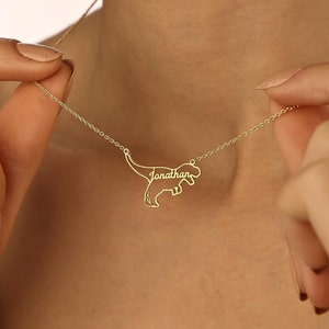 18k Gold Personalized Dinosaur Necklace: Custom Kids T-Rex Pendant, Name Dino Jewelry, Boys Girls Gift, Gift for Kids, Christmas Gift