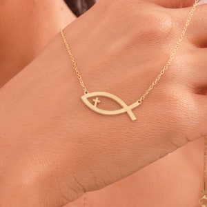 18K Gold Fish Cross Necklace: Sterling Silver Christian Pendant, Ichthys Jesus Symbol Jewelry, Religious Gift, Baptism Confirmation Gift